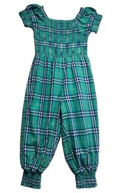 SweetHoney Plaid Smocked Girls Jumpsuit Romper 3T Green Blue 100% Cotton